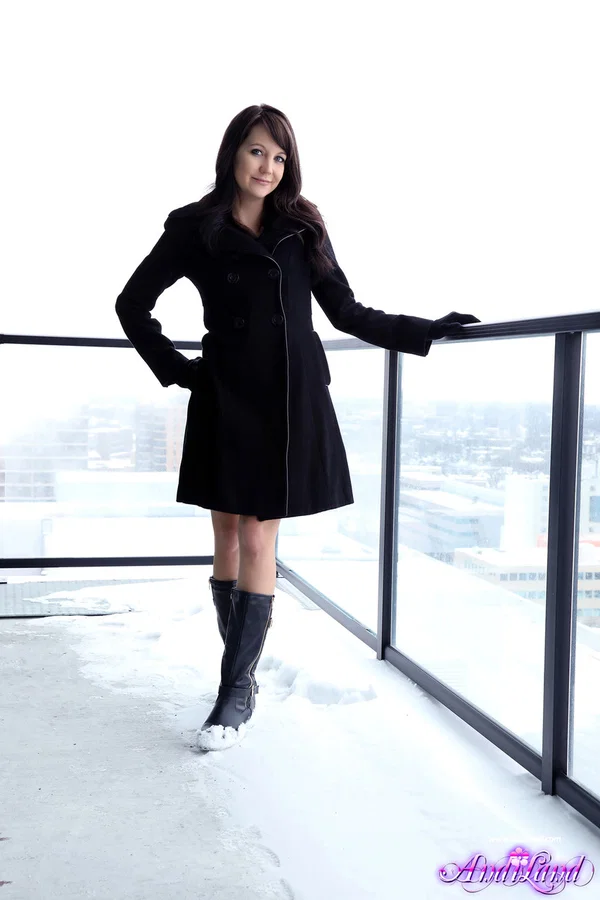 Teen amateur Andi Land flashes on a snow-covered balcony in sexy lingerie  - Boots, Cute, Amateur, Teen, Lingerie, Outdoor, Babe, Clothed, Brunette, Skinny  - Photo 6