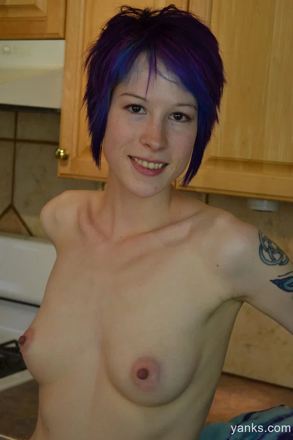 Blue haired chick with piercing Lila Night strips and touches her vagina  - Short Hair, Masturbation, Upskirt, Skinny, Tattoo, Tiny Tits, Pussy, Amateur, Ass, Nipples  - Photo 17
