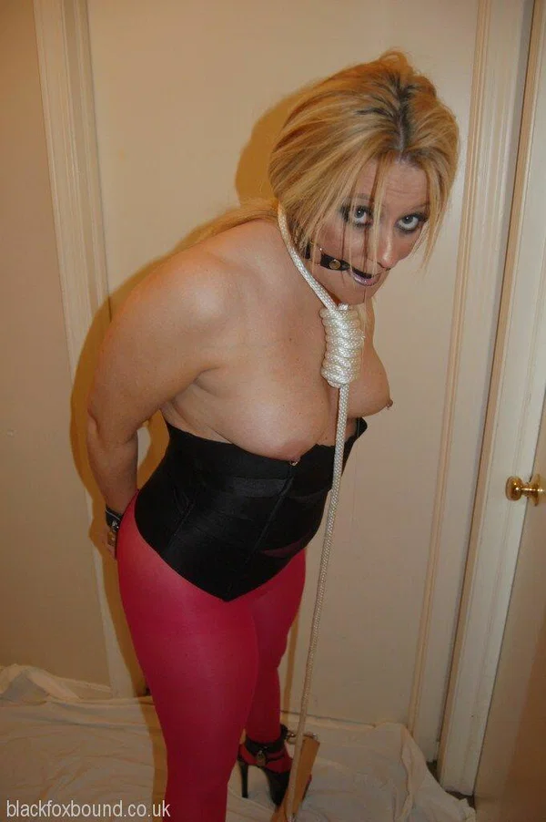Blonde chick displays her boobs while ball gagged and restrained in pantyhose  - Lingerie, MILF, BDSM, Pantyhose, Amateur, Big Tits, Bondage, Spreading, High Heels, Blonde  - Photo 4
