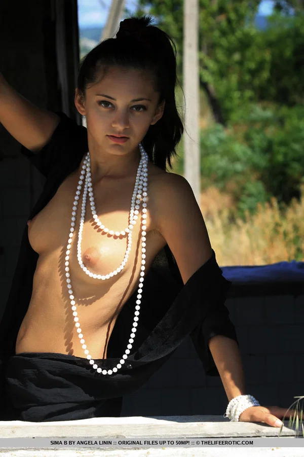Alluring teen Sima B wears strings of pearls while posing nude in the outdoors  - Teen, Outdoor, Hairy, Pussy, Spreading, European, Babe, Glamour, Nipples, Tiny Tits  - Photo 1