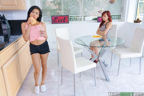 Asian Sabina Rouge, redhead stepsister Ember Snow, mom Lauren Phillips in bed  - Spanking, Redhead, Asian, Lesbian, Skinny, Step Sister, Teen, Cute, Outdoor, Spreading  - Photo 3