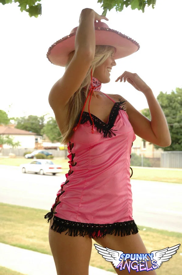 Sweet blonde girl exposes her tits and twat on the front lawn in a cowgirl hat  - Public, Non Nude, Babe, Skirt, Amateur, Teen, Blonde, Panties, Tiny Tits, Shaved  - Photo 2