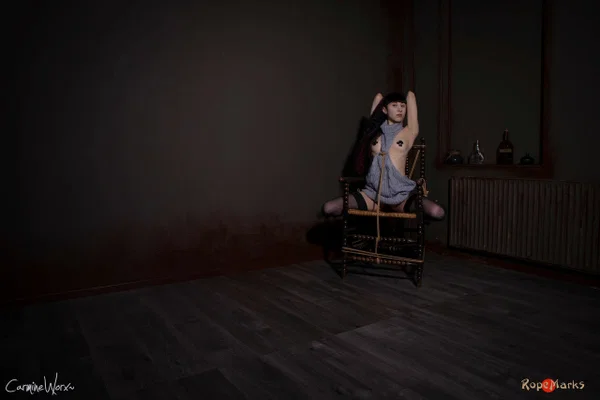 Solo girl Carmineworx is tied to a chair in a highly uncomfortable position  - BDSM, Clothed, Bondage, Stockings, High Heels, Nipples, Ass, Tattoo, Skirt, PAWG  - Photo 7