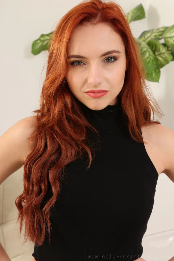Model with red wavy hair Sophia Blake undresses & poses in sheer tights  - Babe, Secretary, Office, Non Nude, Skinny, Redhead, British, Uniform, Brunette, Beautiful  - Photo 1