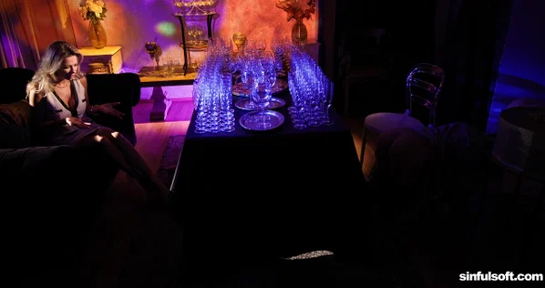 Clothed couple have sex near a lot of glasses that are illuminated  - Sexy, Pornstar, Babe, Beautiful, Solo  - Photo 10