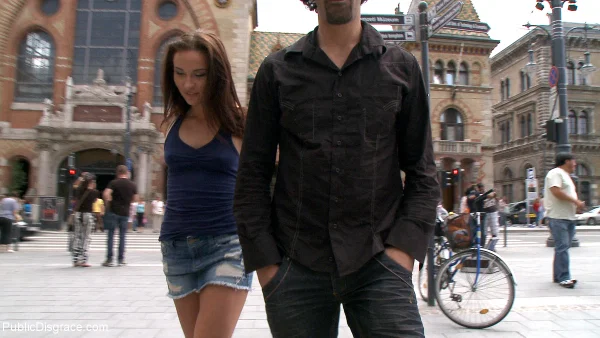 Young brunette is tied up in the street and forced to walk naked  - Public, Czech, Skirt, Outdoor, Ass, Dress, Tiny Tits, Panties, High Heels, Brunette  - Photo 3