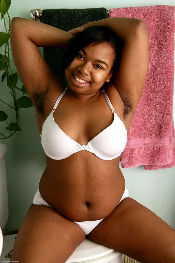 Chubby ebony girl Monica Jimenez gets naked on a toilet seat in her bathroom  - Ebony, African, Hairy, Chubby, BBW, Curvy, Thick, Amateur, Sexy, Black  - Photo 1
