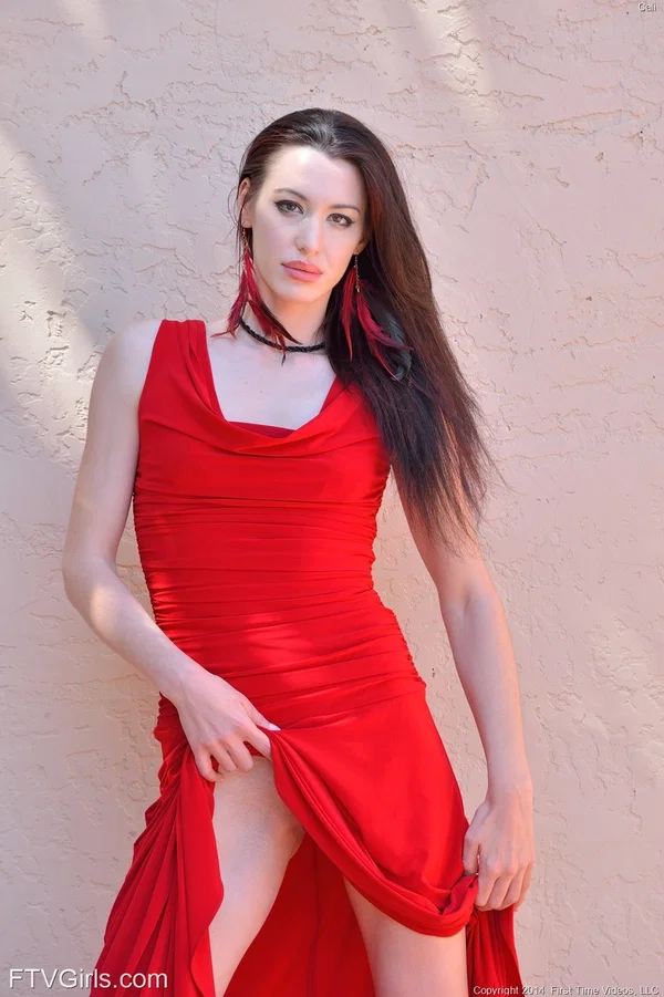 Gorgeous brunette Cali doffs her red dress and toys her juicy love hole  - Lingerie, Tall, Public, Stockings, Upskirt, Dildo, High Heels, Amateur, Beautiful, Outdoor  - Photo 2
