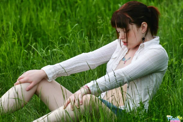 Amateur girl with red hair Barbie A exposes her tits while in a grassy field  - Amateur, Outdoor, Redhead, Clothed, Pigtails, Legs, Skirt, Big Tits, Upskirt, Tattoo  - Photo 12