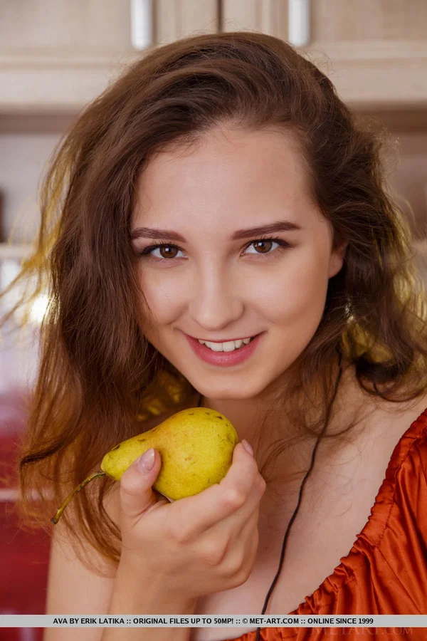 Charming teen Ava slips off a long dress to model naked in the kitchen  - Teen, Legs, Pussy, Ass, European, Solo, Brunette, Shaved, Close Up, Skirt  - Photo 2
