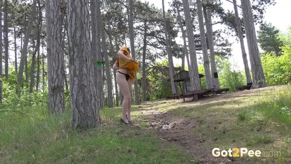 Caucasian girl Antonia Sainz squats for a piss while in the woods  - Pissing, Pussy, Czech, Outdoor, Spreading, Close Up, Panties, Upskirt, High Heels, Skirt  - Photo 13