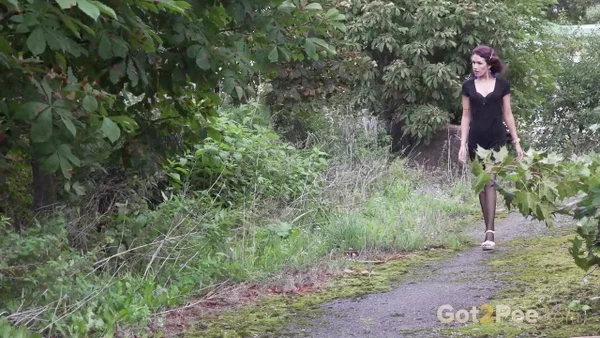 Short taken girl Kristina pulls her hose down for a piss on a pathway  - Pissing, Public, Pantyhose, Outdoor, Pussy, Spreading, Skirt, Shaved, Ass, Upskirt  - Photo 1