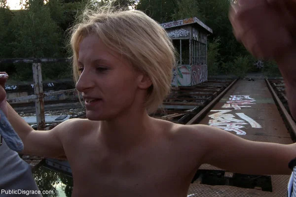 Thin blonde Paris Pink is restrained before hardcore sex in public  - German, Gangbang, BDSM, Groupsex, Outdoor, Doggy Style, Bondage, Handjob, Nipples, Cumshot  - Photo 17