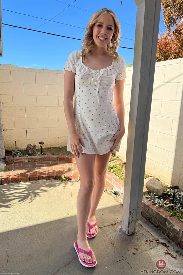 Blonde amateur Sophia Sterling takes off her dress and sandals to get bare naked  - Amateur, Girlfriend, Blonde, White, Step Sister, Feet, Pussy, Sexy, Skinny, Spreading  - Photo 1
