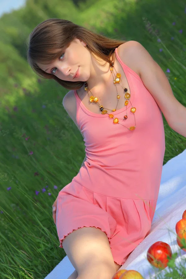 Naked teen holds a tomato while posing on a blanket in a field  - Teen, Shaved, Perfect, Clothed, Redhead, Dress, Pussy, Outdoor, Tiny Tits, Babe  - Photo 1