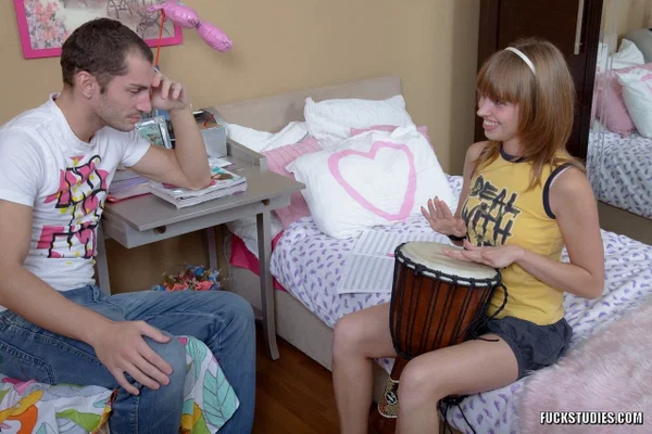 Young looking girl Natalia Gee plays her drum before ass to mouth sex  - Cum In Mouth, Pussy Licking, Anal, Teen, Cumshot, Cute, Facial, Shorts, Natural Tits, Tiny Tits  - Photo 1