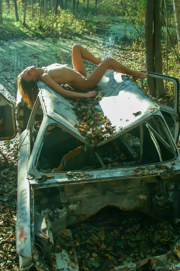 Leggy teen girl poses naked in the woods atop a wrecked vehicle  - Outdoor, Amateur, Teen, Petite, Beautiful, Tiny Tits, Armpit, Legs, Shaved, Pussy  - Photo 11
