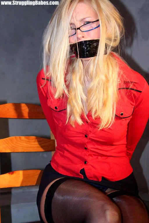 Blonde Dominique with glasses in stockings gagged and tied up to the chair  - Bondage, BDSM, Non Nude, Glasses  - Photo 7