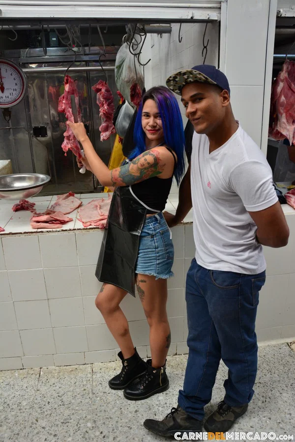 Kinky purple haired Colombian chick fucks a black dude at the meat market  - Latina, Tattoo, Amateur, Outdoor, Blowjob, Cowgirl, Non Nude  - Photo 21