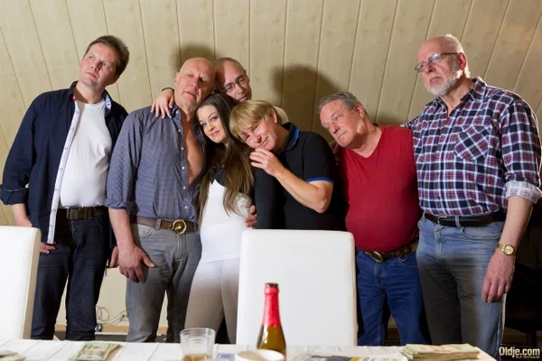 Horny senior poker players enjoying group sex with lovely teen Angelina Brill  - Teen, Old Young, Gangbang, Old Man, Brunette, Handjob, Blowjob, Cute, Non Nude  - Photo 2