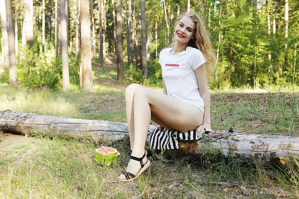Blonde teen Ellie gets naked while eating watermelon in the woods  - Pussy, Beautiful, Outdoor, Blonde, Spreading, Legs, Ass, Shorts, Shaved, Close Up  - Photo 7