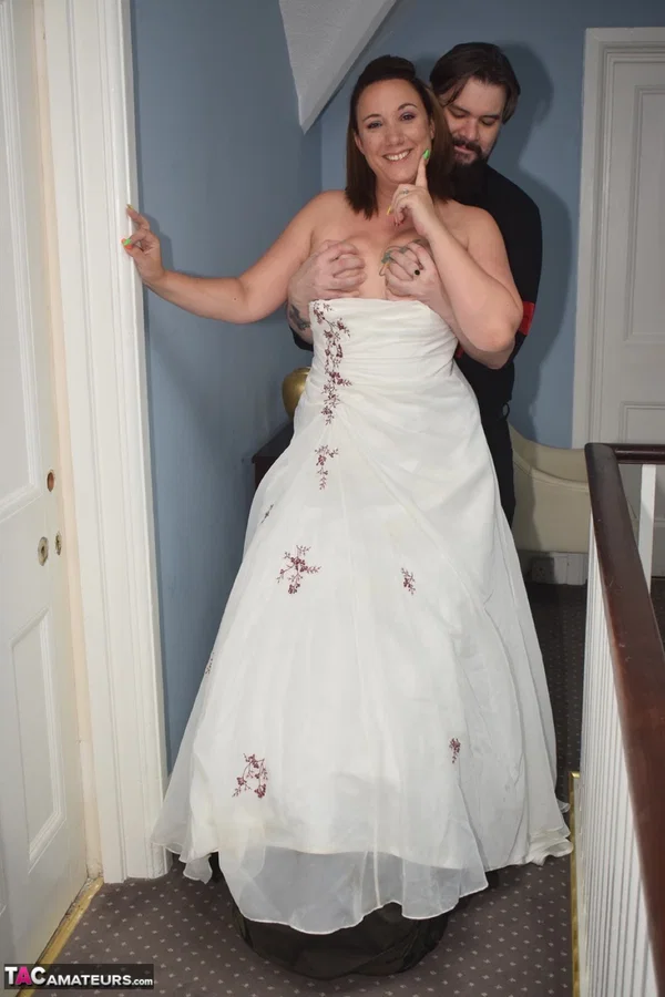 Amateur woman Sara Banks as her tits and pussy freed from a gown by two men  - Wedding, Reality, Curvy, Mature, Chubby, BBW, Thick, Threesome, Clothed, Upskirt  - Photo 15