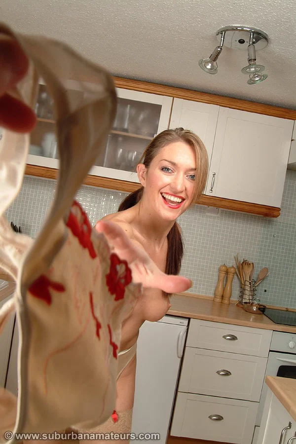 Amateur wife Elen Cole undresses and fingers her clam in the kitchen  - Upskirt, MILF, Stockings, Amateur, Panties, Clothed, Undressing, Sexy, Kitchen, Lingerie  - Photo 16