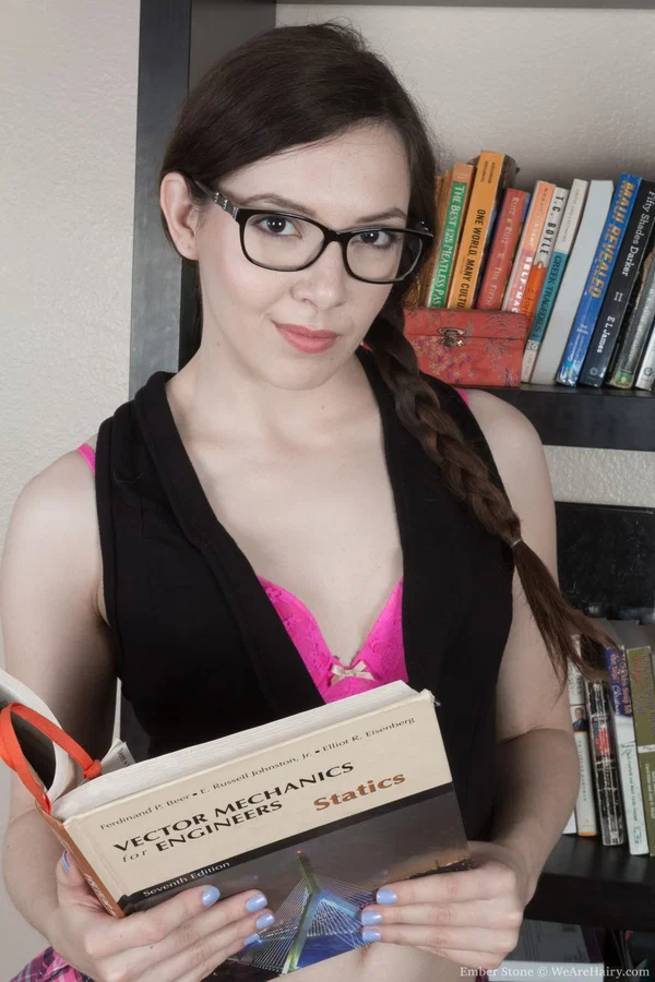 Cute babe with glasses Ember Stone gets naked and shows her hairy cunt  - Hairy, White, Glasses, Amateur, Redhead, Masturbation, Pussy, Spreading  - Photo 1