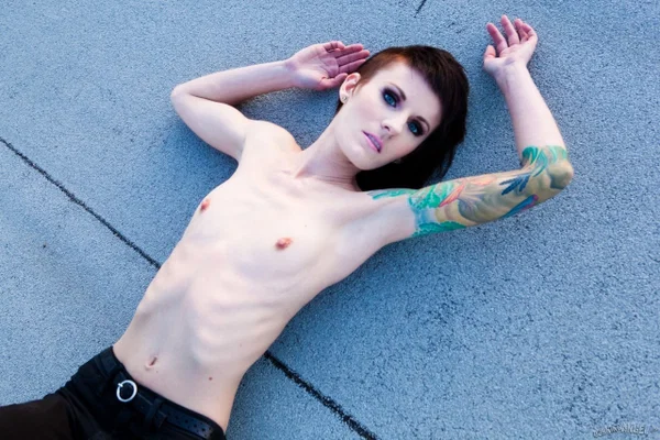 Skinny alt babe with tattooed body exposing tiny tits outdoors on rooftop  - Skinny, Nipples, Tiny Tits, Tattoo, Babe, Outdoor, Clothed, Jeans, Panties, Undressing  - Photo 9
