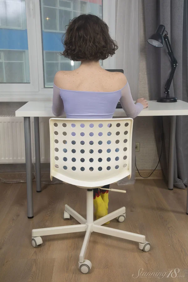 18-year-old girl Darcy Dark removes a face mask and clothes during a solo gig  - Shorts, Teen, Socks, Clothed, Spreading, Pussy, Tiny Tits, Natural Tits, Ass, Legs  - Photo 1