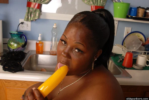 Fatty mature ebony Subrina plays with her lovely yellow sextoy  - Mature, Ebony, BBW, Big Tits, Dildo, Saggy Tits, Nipples, Chubby, Curvy, Thick  - Photo 16