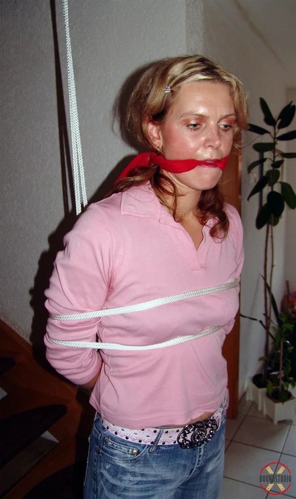 Clothed girl Blonde Lea is cleave gagged while bound with rope  - Bondage, Jeans, Clothed, Non Nude, BDSM, Redhead, High Heels  - Photo 4