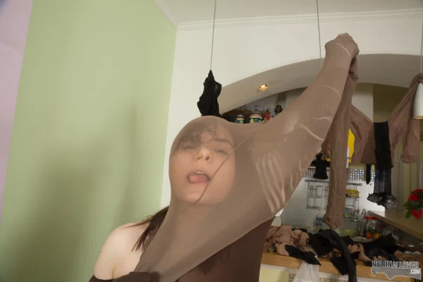 Fair skinned girl Karmen adorns herself in layers of pantyhose  - Fetish, Pantyhose, Strapon, Close Up, Feet, Dildo, Brunette  - Photo 8