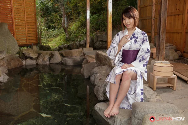 Japanese babe Hikaru Kirishima removes her kimono before getting in a hot tub  - Japanese, Asian, Pool, Short Hair, Natural Tits, Beautiful, Babe, Tiny Tits, Brunette, Clothed  - Photo 1
