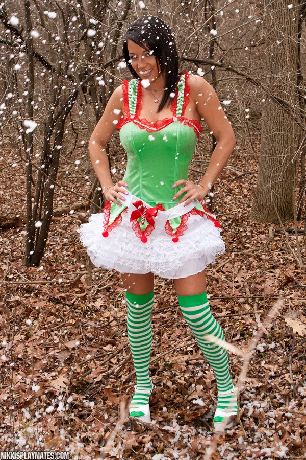 Amateur girl Nikki Sims covers her naked tits in Xmas clothes amid undergrowth  - Christmas, MILF, Amateur, Outdoor, Big Tits, Babe, Socks, Panties, Clothed, Skirt  - Photo 1