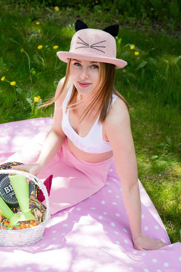 Cute teen gets totally naked on a blanket during a picnic in the park  - Teen, Cute, Glamour, Brunette, Babe, Beautiful, Solo, Model  - Photo 1