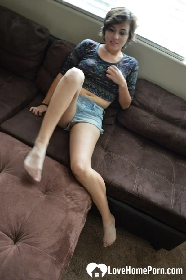 Amateur babe strips fully naked & masturbates with a dildo on the couch  - Homemade, Short Hair, Teen, Pretty, Tiny Tits, Amateur, Petite, Shorts, Undressing, Clothed  - Photo 2