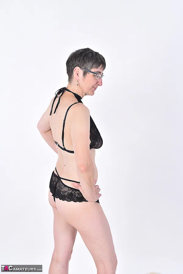 Mature amateur removes black lingerie for a close-up of her vagina  - Mature, Anal, Saggy Tits, Glasses, Amateur, Short Hair, Lingerie, Brunette, Panties, Close Up  - Photo 2