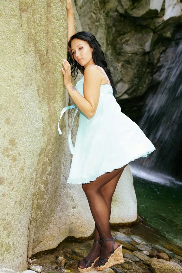 Solo girl works her great body free of a light dress by a waterfall  - Pantyhose, Beautiful, Babe, Lingerie, Outdoor, Clothed, Non Nude, Undressing, Solo, Panties  - Photo 7
