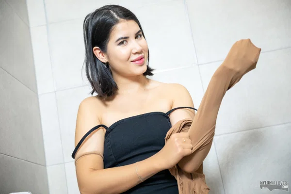 Dark-haired beauty Lady Dee encases herself in pantyhose while in a bathroom  - Pantyhose, Spreading, Fetish, Czech, Skinny, High Heels, Ass, Tiny Tits, Natural Tits, Solo  - Photo 3