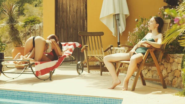 Lesbian girls have sex on a bed after foreplay action near a swimming pool  - Lesbian, Bikini, Pussy, Reality, Teen, Close Up, Humping, Pool, Tribbing, Pussy Licking  - Photo 4