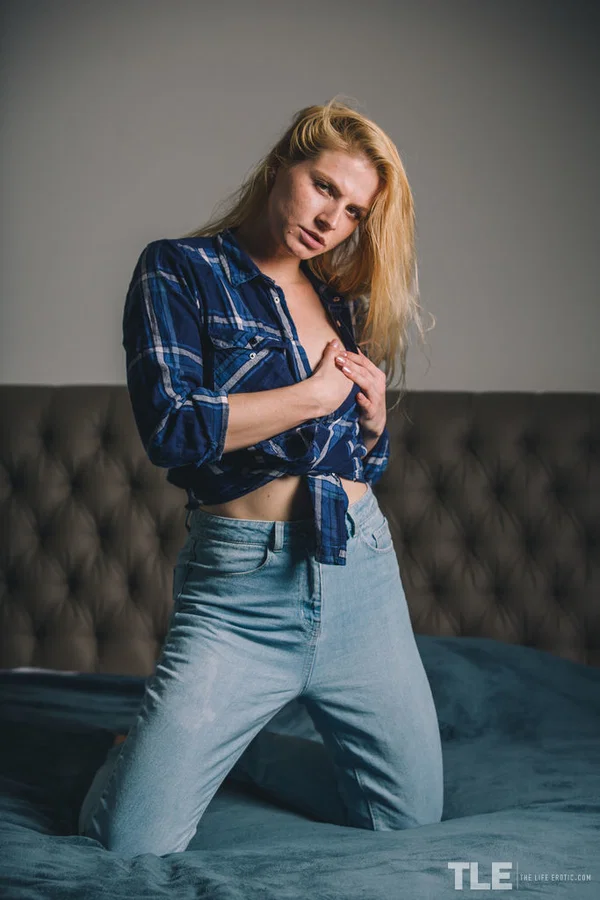 Young redhead Jade dons a ball gag while fingering her pussy on a bed  - Teen, Redhead, Jeans, Undressing, Fetish, Pussy, Shaved, Spreading, Tiny Tits, Model  - Photo 1