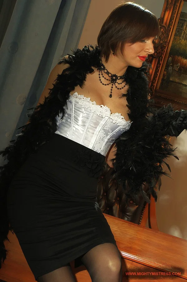Chick in dark silk and feathers Nina Young is feeling horny at home  - Bondage, Lesbian, BDSM, Short Hair, Blowjob, Pussy, Spreading, Brunette, Non Nude  - Photo 1