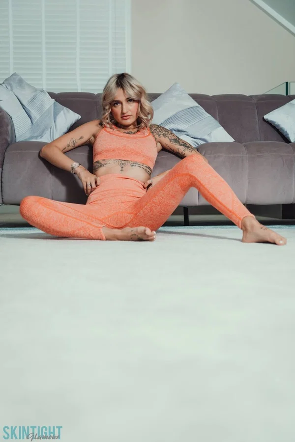 Tattooed blonde Seline P Seline P removes skintight athletic wear to get naked  - Yoga Pants, Tattoo, Model, Big Tits, Clothed, Undressing, Legs, Blonde, Glamour, Spreading  - Photo 4
