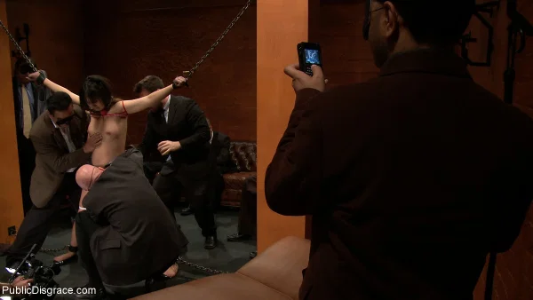 Caucasian girl Sasha Yung is forced into a gangbang in handcuffs  - Public, Groupsex, Bondage, BDSM, Natural Tits, Pussy, Face, Fingering, Dildo, Nipples  - Photo 17