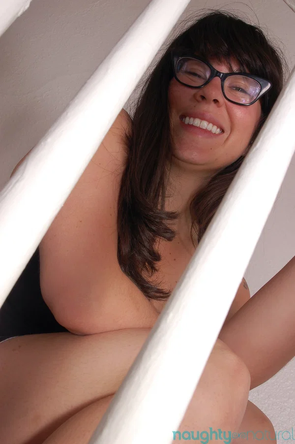 Busty amateur Cleo exposes her big boobs & her hairy muff on the stairs  - Hairy, Glasses, Big Tits, Amateur, Pussy, Spreading, Lingerie, Skirt, Tattoo, Armpit  - Photo 1