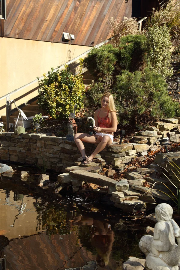 Blonde girl Sara Jaymes gets naked while fishing with a rod and reel  - Outdoor, Upskirt, Skirt, Beautiful, Spreading, Dildo, PAWG, Tiny Tits, Solo, Ass  - Photo 1