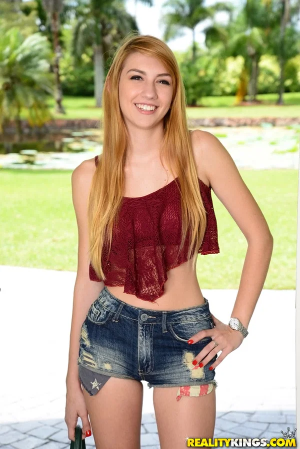 Slim redhead flashes her tits in order to seduce the next door nighbour  - Piercing, Shorts, Hardcore, Teen, Clothed, Big Cock, Facial, Nipples, Ass Fucking, Cum In Mouth  - Photo 2
