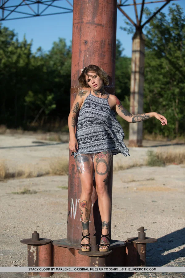Tattooed girl Stacy Cloud covers her naked body in clear plastic during solo act  - Fetish, Tattoo, Nipples, Outdoor, Close Up, Shaved, Ass, Asshole, Babe, Beautiful  - Photo 1