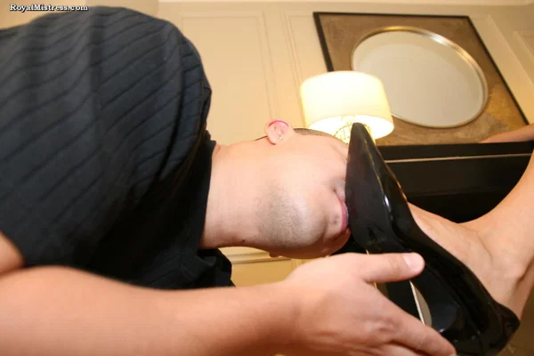 Clothed woman has her male sub remove stiletto heels before foot worshiping  - Femdom, Feet, Non Nude, Skirt, High Heels, Legs, Close Up, Brunette, Reality  - Photo 4